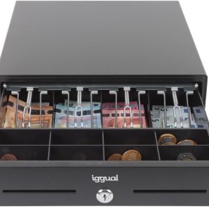 SnelShoppen - iggual IRON-XS Mini Kassalade - Handmatig of Automatisch - Versterkt Staal en ABS - Compact 33 x 33 x 9 cm - Zwart - 4 Bankbiljetten + 8