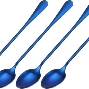 Sourcing map Set van 4 lange steellepels 18 cm roestvrij staal ijslepels cocktail roerlepel koffie lepel voor gemengde dranken koffie (blauw)