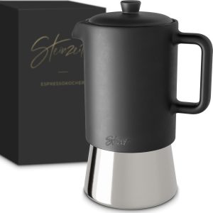 Steinzeit Design Espressomaker van Keramiek (300ml) - Espressomaker Inductie geschikt voor alle soorten fornuizen - Mokkakan met RVS basis en keramische kan - Espressomaker Roestvrij Staal