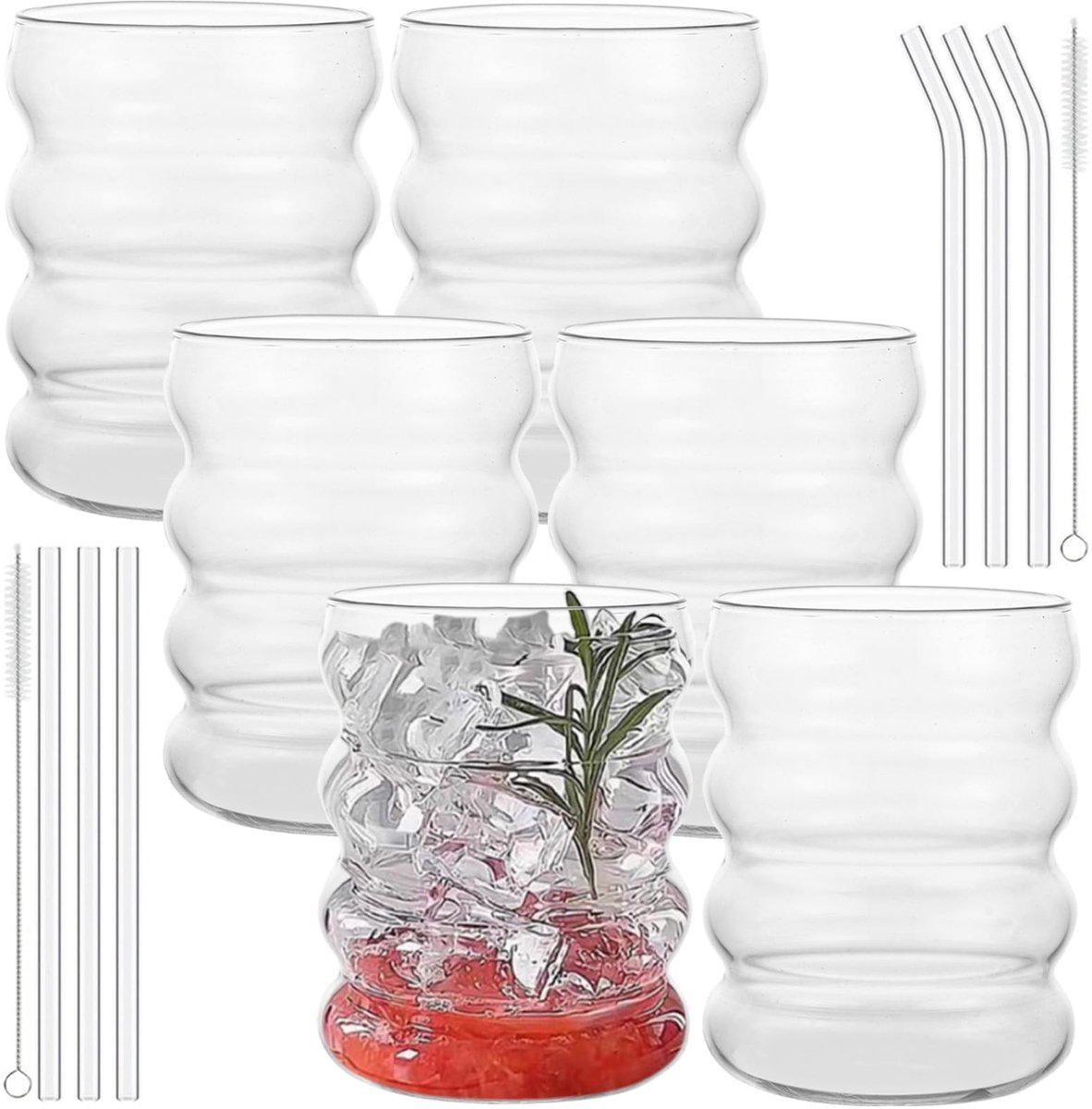 Store_8 - Set van 6 bubbelglazen - Drinkglazen voor cocktails - Doorzichtig - Rietjes en borstels inbegrepen - Ideaal voor ijskoffie en whisky - Pe...