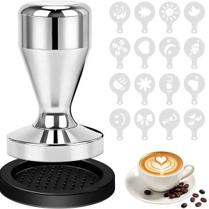 Tamper, 51 mm, massief roestvrij staal, koffiestamper met siliconenmat en latte art sjablonen, professioneel barista-gereedschap, koffieliefhebbers