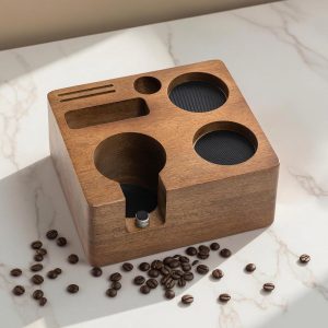 Tamper Station 51/54 mm - koffie tamping station van walnoothout met siliconen kussen, in hoogte verstelbare zeefhouder voor barista-accessoires, koffiemolen en tamper