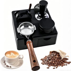 Tamperstation, tamping station, filterdrager, accessoires, espresso knock box, barista accessoireset van ABS, koffiebruin zwart tamper station met siliconen kussen, koffiemolen tamperhouder (51-54-58