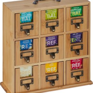 Thee organizer 9 vaks bamboe HBD: 29 x 30 x 115 cm staand hangend groot theezakjes bewaardoos natuur tea bag organizer