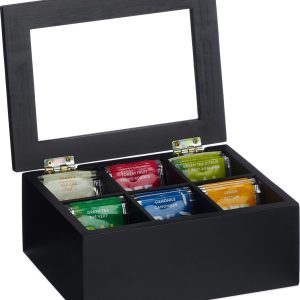 Theedoos 6 vaks bamboe 215x16 cm - Thee & koffiepads - Theebox met deksel zwart Theedoos