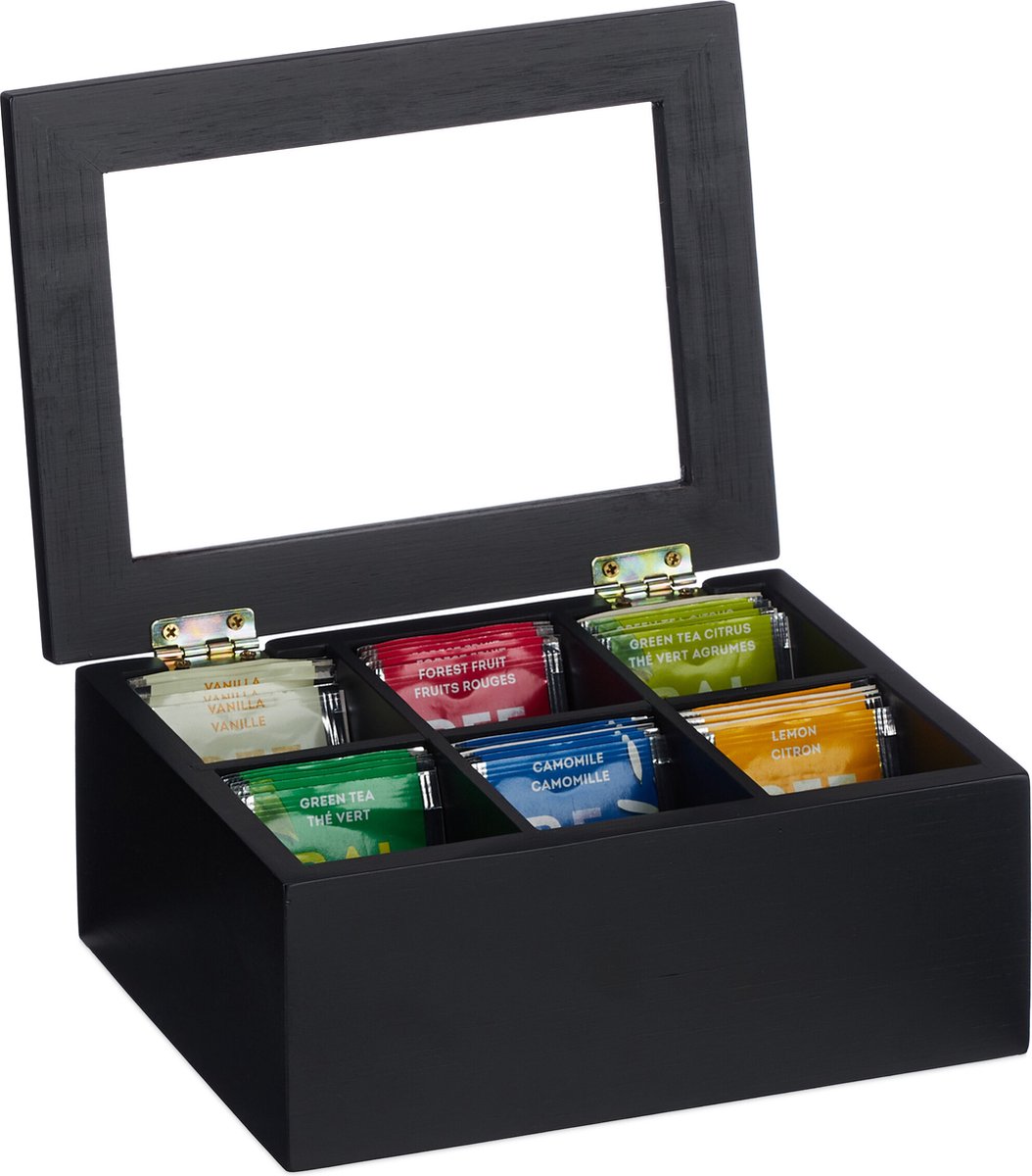 Theedoos 6 vaks bamboe 215x16 cm - Thee & koffiepads - Theebox met deksel zwart Theedoos