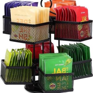 Theedoos - Voor theeopslag - Theedoos met 8 vakken - 360° draaibare opbergdoos - Voor theezakjes - Met 2 niveaus - Schaalorganizer - Lazy Susan - Theedoos - Theedoos voor theezakjes - Voor koffiepads - Zwart