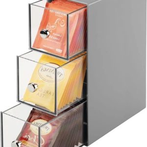 Theedoos - ladekastje voor theezakjes koffiepads - handig/stevig - grijs/doorzichtig tea bag organizer