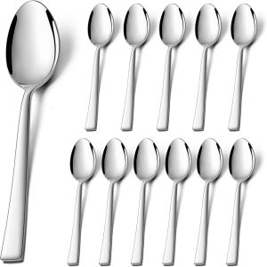 Theelepels, 12 stuks, roestvrij staal, koffielepels, eetlepelset, kleine lepel met vierkante handgreep, voor feest, thuis, restaurant, gezond en hoogglans gepolijst, vaatwasmachinebestendig
