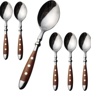 Theelepels, 12 stuks, roestvrijstalen koffielepelset met bruine handgrepen, espressolpel/kleine lepel/dessertlepel voor huishoudens en de eetkamer, ideaal voor thuis, restaurant, feestspel,