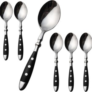 Theelepels, 6 stuks, roestvrijstalen koffielepelset met zwarte handgrepen, espressolpel/kleine lepel/dessertlepel voor huishoudens en de eetkamer, ideaal voor thuis, restaurant, feestspel, serie
