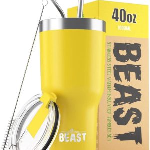 Thermosbeker 1100 ml, citroen, kant-en-klare thermo-koffiebeker voor eenmalig gebruik met 2 rietjes en reinigingsborstel, dubbelwandige drinkbeker van Roestvrij staal, perfect voor koffie of ijskoffie