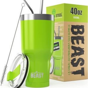 Thermosbeker 1100 ml, citroengras, kant-en-klare thermosbeker voor eenmalig gebruik met 2 rietjes en schoonmaakborsteltje, dubbelwandige drinkbeker van Roestvrij staal, perfect voor koffie of ijskoffie