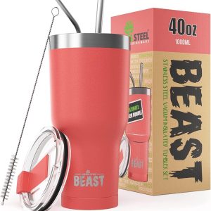 Thermosbeker 1100 ml, koraal, kant-en-klare thermo-koffiebeker voor eenmalig gebruik met 2 rietjes en reinigingsborstel, dubbelwandige drinkbeker van Roestvrij staal, perfect voor koffie of ijskoffie