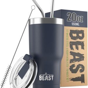 Thermosbeker 550 ml, marineblauw, praktische thermosbeker voor onderweg met 2 rietjes en poetstas, dubbelwandige drinkbeker van Roestvrij staal, perfect voor koffie of ijskoffie