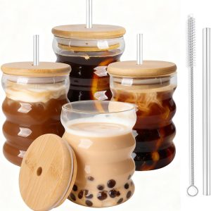 Thijox - 4-pack vintage drinkglazen 320ml voor cocktails, ijskoffie, whisky en sap met houten deksels en rietjes, perfect voor feesten en dagelijks ge