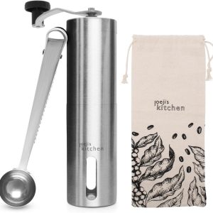 Thijox - Handkoffiemolen Handmatig Roestvrijstaal & Keramisch - Instelbare Maalgrofheid - Draagbare Koffiemolen Set met Jutezak, Schep & Borstel voor