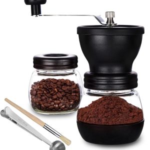 Thijox - Handmatige Koffiebonenmolen met Keramische Braam, 2 Glazen Potten (11 oz), Draagbare Koffiemolen voor Kamperen, Handzwengel, Antislip Silicon