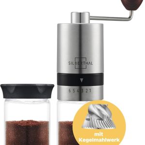 Thijox - Handmatige Koffiemolen met Kegelmaalwerk - Verstelbare Maalgraad - Roestvrij Staal en Glas - Perfect voor Espresso, Turkse Koffie, French Pre