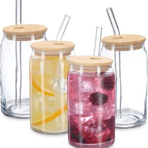 Transparante drinkglazen met bamboe deksel en rietjes - Set van 4 voor ijskoffie en smoothies - 450 ml
