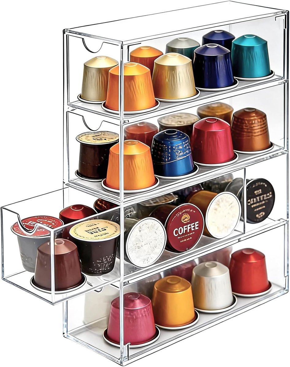 Transparante opslagtray voor capsules, acryl capsulehouder met 4 vakken, 24.7 x 17.5 x 6.5 cm, ideaal voor koffie capsules zoals Nespresso, Tassimo en Dolce Gusto