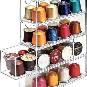 Transparante opslagtray voor koffiecapsules, acryl capsulehouder met 4 vakken, 24.7 x 17.5 x 6.5 cm, ideaal voor Nespresso, Tassimo en Dolce Gusto capsules