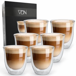 VDN Dubbelwandige Koffieglazen 250 ML - Theeglazen Cappuccino Glazen Set van 6 - Handgeblazen Koffietassen zonder Oor - Koffie & Thee - IJskoffie