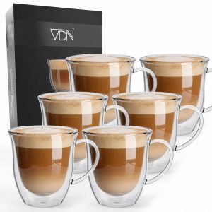 VDN Dubbelwandige Koffieglazen 250 ML met Oor - Theeglazen Cappuccino Glazen Set van 6 - Handgeblazen Koffietassen - Koffie & Thee - IJskoffie