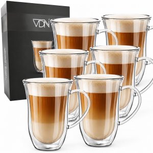 VDN Dubbelwandige Koffieglazen 300 ML met Oor - Theeglazen Set van 6 - Handgeblazen Latte Macchiato Glazen Koffietassen - Koffie & Thee - IJskoffie