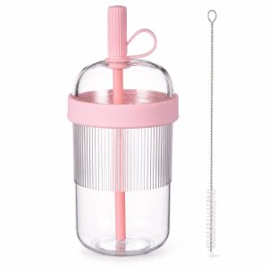 VHV - Waterfles - Waterfles beker voor dames- - Reisbeker met Rietje - 540 ml Transparante Drinkbeker van Tritan - BPA-vrije Reismok voor Ijskoffie, Bubble Tea en Matcha - Lekvrije Bekers - Pastelroze