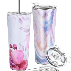 Vacuüm geïsoleerde roestvrijstalen mok, 780 ml drievoudig geïsoleerde reismok met spatwaterdicht deksel voor ijskoffie en warme dranken, 2 stuks (roze rimpel en lotusbloem)