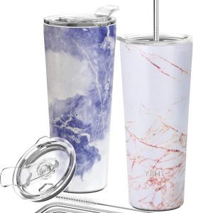 Vacuümgeïsoleerde roestvrijstalen beker 780 ml drievoudig geïsoleerde reisbeker - ijskoffie warme dranken - set 2 goudkleurig marmer blauw marmer