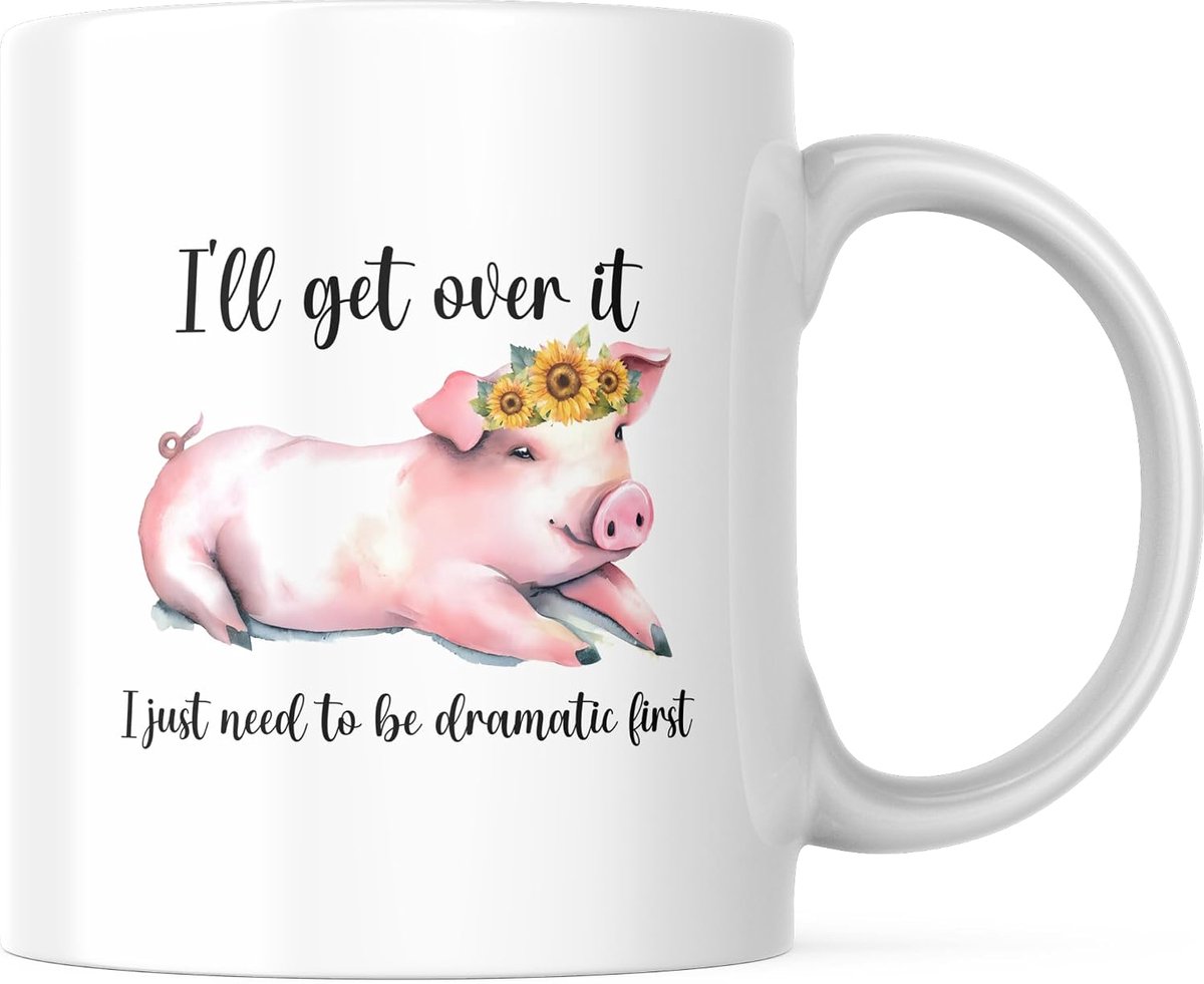 Varken Mok, Eerst Dramatisch Zijn Koffiekop, Schattig Biggetje met Zonnebloemen, Cadeau voor Dierenliefhebber