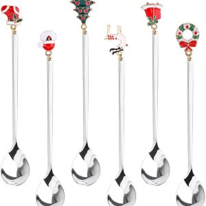 Verpakking van 6 stuks kerstlepels, roestvrij stalen dessertlepels, theelepels, met kersthanger, kerstboom, elandmuts en klokken, voor thee en soep, verpakking met