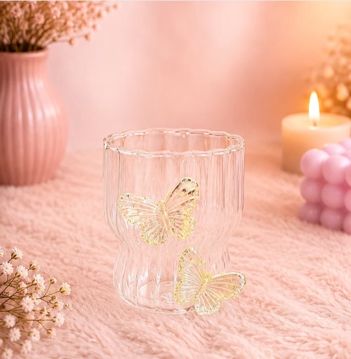 Vlinderglas (geel) - 2 stuks | Glas | Water | Frisdrank | Sap | IJskoffie | Cocktail | Drinkbeker | Decoratie | Cadeau | Gele Vlinders | Lief | Butterfly