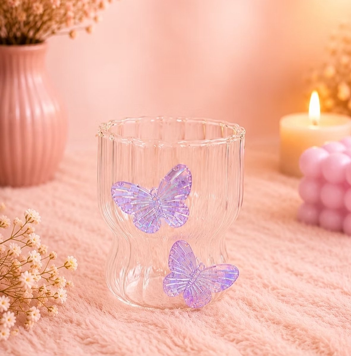 Vlinderglas (paars) - 2 stuks| Glas | Water | Frisdrank | Sap | IJskoffie | Cocktail | Drinkbeker | Decoratie | Cadeau | Paarse Vlinders | Lief | Butterfly
