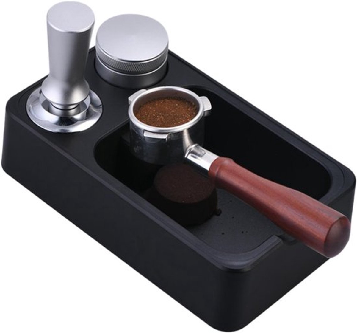 Werkblad voor espressomachine, portafilterhouder, opvangbak voor koffiegruis, opbergdoos voor espresso-accessoires - zwart