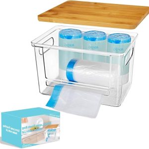 Zakken Organizer - Vuilniszak Houder - Keuken Opbergen - Met Bamboe Deksel - 17.5 cm Hoog - Transparant