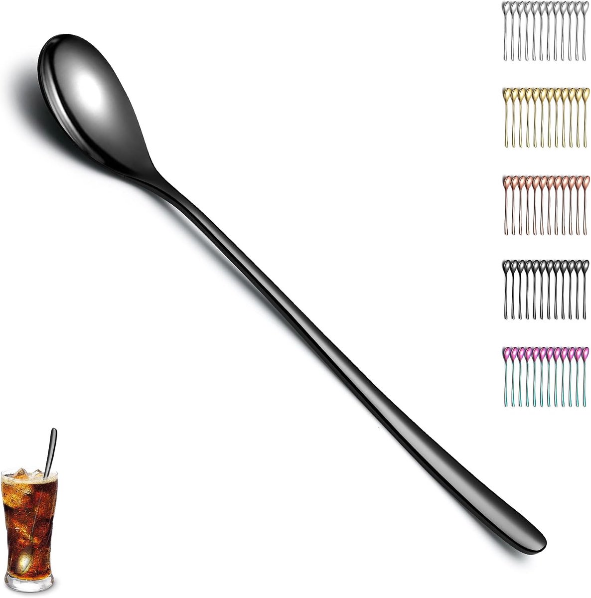 Zwarte Latte Macchiato Lepel, 12-delige set, Titanium coating, zwarte roestvrijstalen theelepel, roerlepel, koffielepel, ijslepel, cocktaillepel
