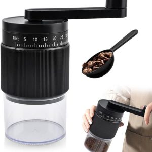 Zwarte handmatige koffiemolen met keramische maalschijf, draagbare bonenmaler met 40g inhoud en 35 instelbare maalgraden, stil compact model voor espresso, filterkoffie, french press en cold brew, geschikt voor thuis en reizen