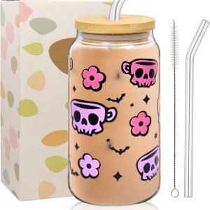 drinkglazen met deksel en rietje, 500 ml, glazen beker met vleermuizen, doodshoofdenpatroon, cocktailglazen, ijskoffie, glazen, Halloween, glazen beker, koffiebeker, theeglazen, melk, koffie