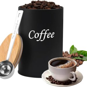 koffieblik, 500 ml bonendos met roestvrij stalen lepel, ijzeren koffieblik met houten deksel, opslag voor koffiebonen, Geschikt voor kantoren, woningen en cafés, Zwart