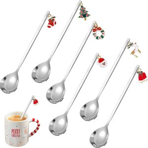 koffielepel dessertlepel roestvrij staal met kersthangers kerstlepels set met geschenkdoos 6 stuks (zilver)