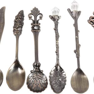 koffielepels, vintage koninklijke stijl zinklegering materiaal metaal 3d patroon mini en vork keuken fruit koffie accessoires met aanhoudende charmante 6 stks/set(Groen brons)