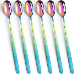 lepels set van 6, roestvrij stalen lange ijslepels, lange theelepels voor latte koffie, espresso, warme chocolademelk, warme dranken, vaatwasmachinebestendig, 23 cm (regenboog)