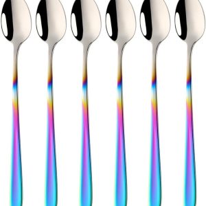 macchiato lepel 18/10 roestvrij staal koffielepel lange steel café cappuccino lepel dessertlepel 20 cm longdrink lepel voor yoghurt Nutella melkkoffie 6 stuks (kleurverloop regenboog)