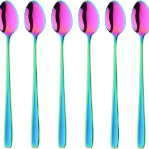 macchiato lepel 18/10 roestvrij staal - lange steel voor café, cappuccino, dessert, longdrink, Nutella, melkkoffie - 20 cm grote yoghurtlepels - 6 stuks (Regenboog)