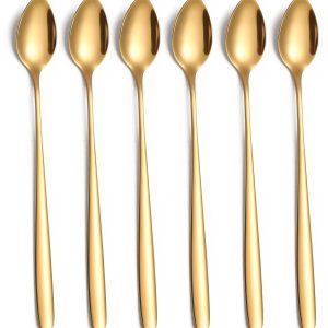 macchiato lepelset, 6-delig, 19,5 cm lange handgreep, ijslepel, lange roerlepel van roestvrij staal, ideaal voor ijskoffie, ijsthee, milkshake, ijscoup, koel drinken (goud)