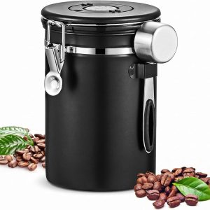 roestvrijstalen koffiebus, 1,8L vacuüm, 304 RVS met lepel, borstel en datumregistratie voor thee, noten, cacao