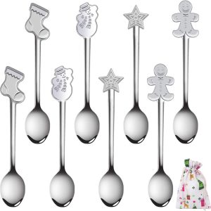 roestvrijstalen lepelsset Koffie Dessert Theelepels Kerstmetaal lepelsset 8 stuks met Kerst Drawstring Tas